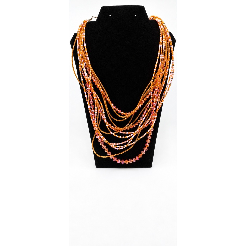 Multi Strand Seed Bead Necklace Orange Pink White Bohemian Layered Statement